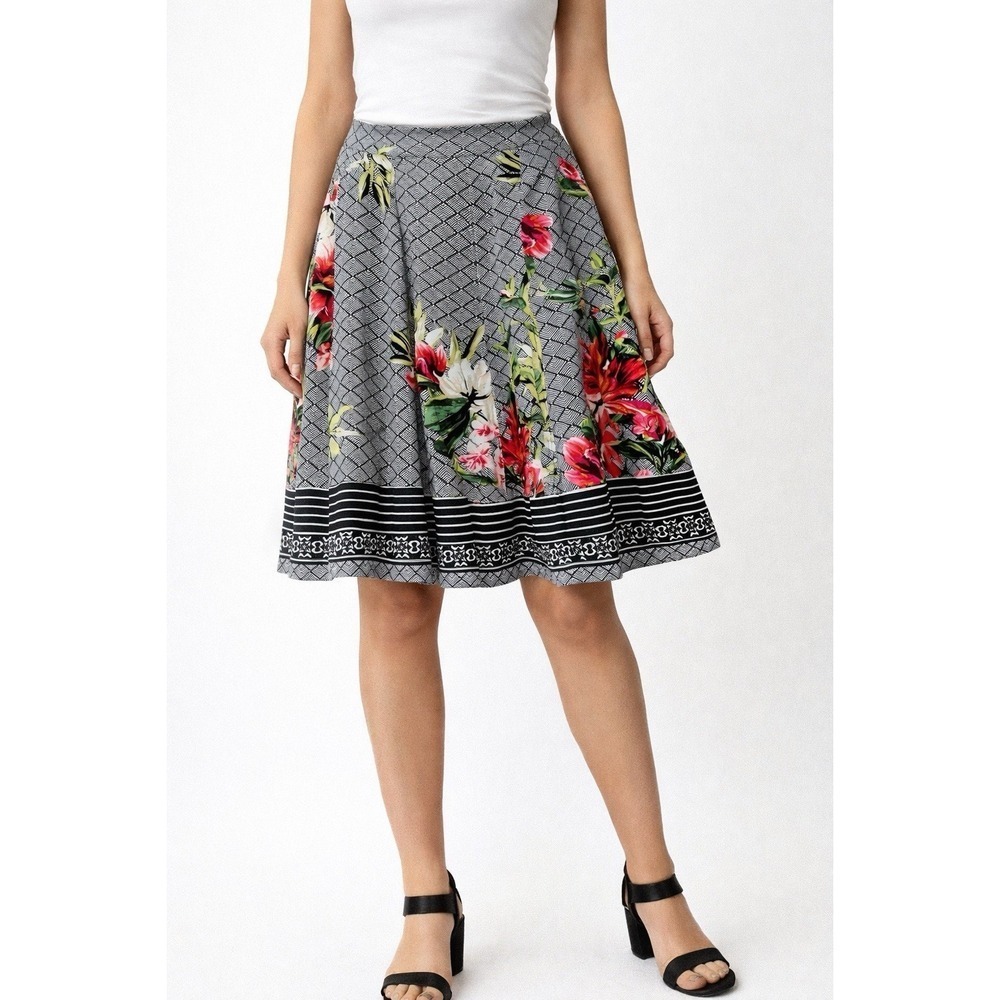 White House Black Market Floral Mix Print Lined Flare Skirt Size 8
